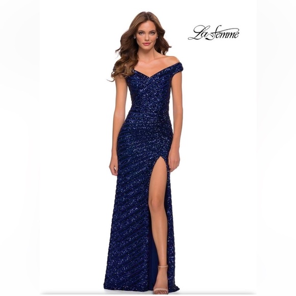NWT La Femme Sexy Blue/BLK Sleek Cocktail Gala Prom Black Tie High Slit - Picture 1 of 16